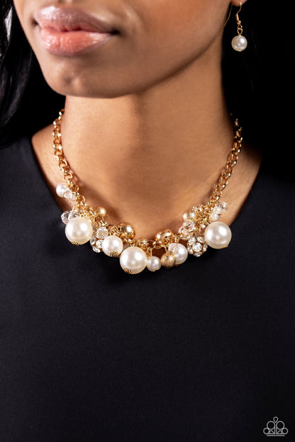 Corporate Catwalk - Gold Pearl and Rhinestone Necklace - Paparazzi Accessories