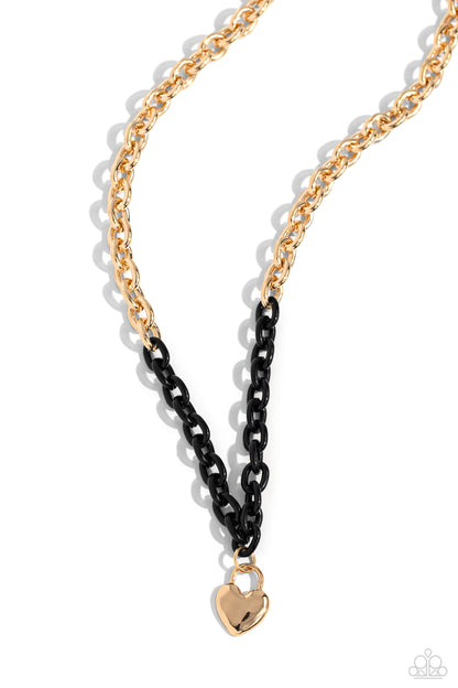 Locked Down - Black Chain Gold Heart Charm Necklace - Paparazzi Accessories