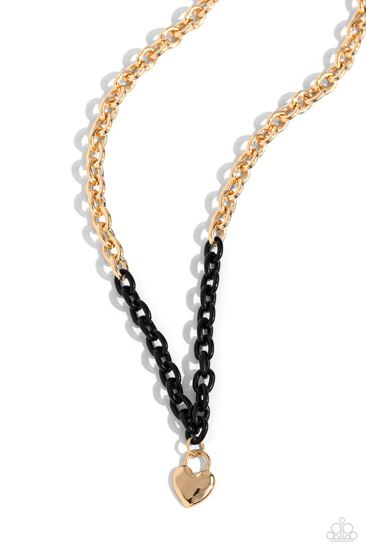 Locked Down - Black Chain Gold Heart Charm Necklace - Paparazzi Accessories