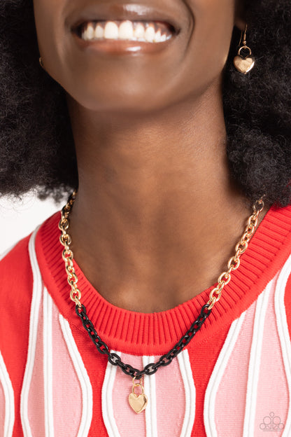 Locked Down - Black Chain Gold Heart Charm Necklace - Paparazzi Accessories