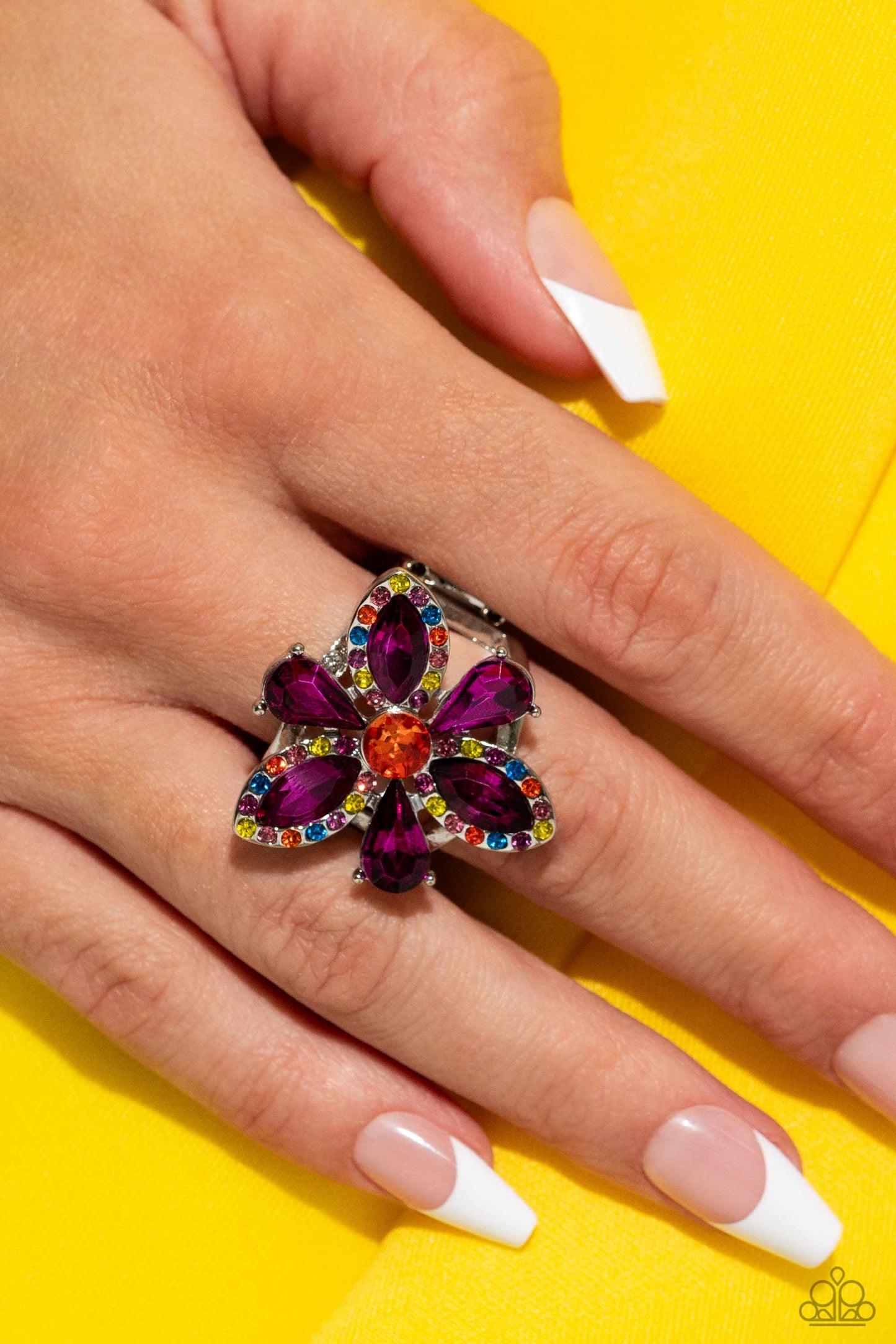 Blazing Blooms - Multi - Multicolored Rhinestone Flower Ring - Life of the Party Exclusive - Paparazzi Accessories
