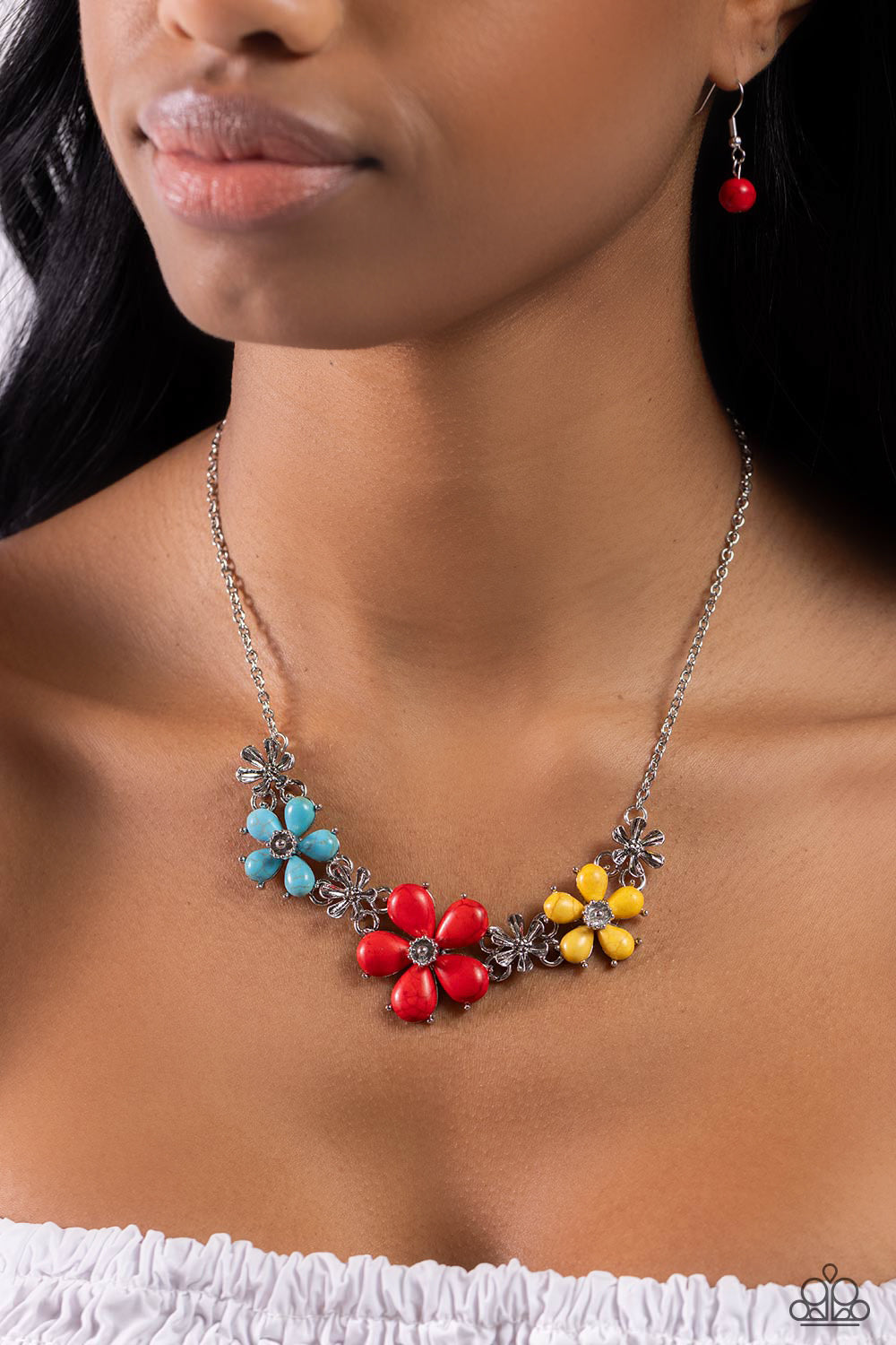 Growing Garland - Red Crackle Stone Flower Necklace - Paparazzi Accessories