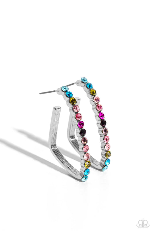 Triangular Tapestry - Multi Rhinestone Triangle Hoop Earrings - Paparazzi Accessories