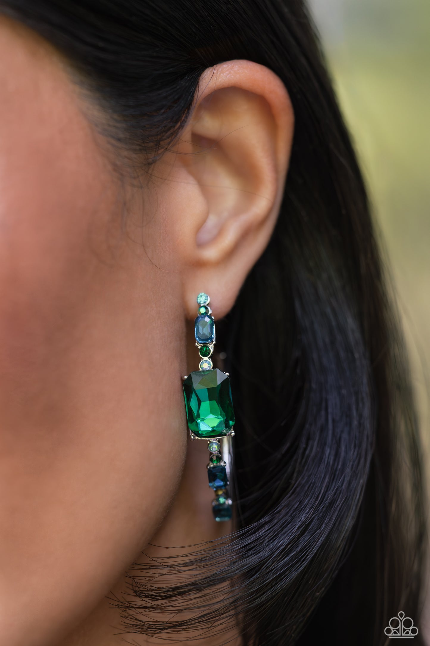 Elite Ensemble - Green Rhinestone Hoop Earrings - Paparazzi Accessories