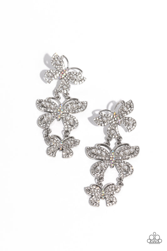 Fluttering Finale - White Rhinestone Butterfly Post Earrings - Paparazzi Accessories