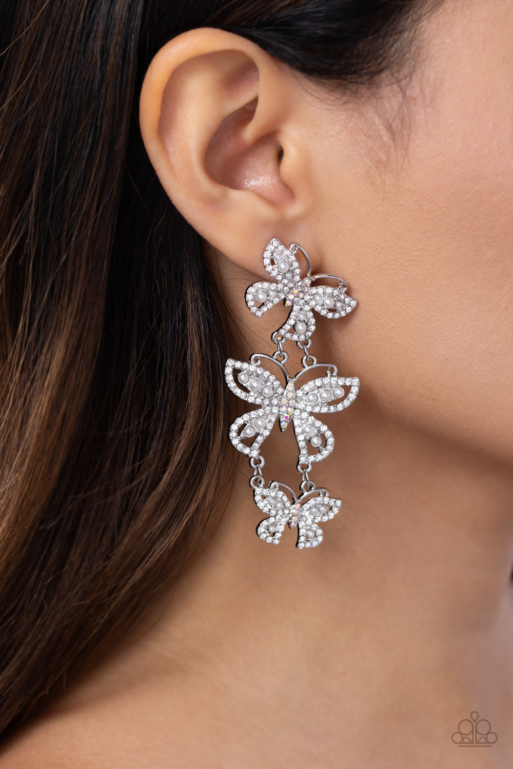 Fluttering Finale - White Rhinestone Butterfly Post Earrings - Paparazzi Accessories