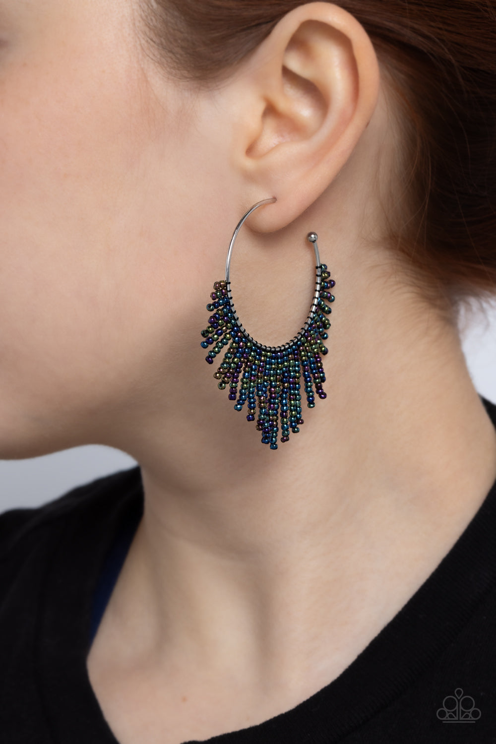 Tailored Tassel - Multi Oil Spill Seed Bead Hoop Earrings - Paparazzi Accessories