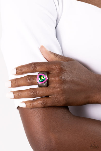 Fond Regard - Pink Enamel - Green UV Shimmer Heart Ring - Paparazzi Accessories