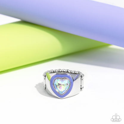 Fond Regard - Blue Enamel Iridescent Rhinestone Heart Ring - Paparazzi Accessories