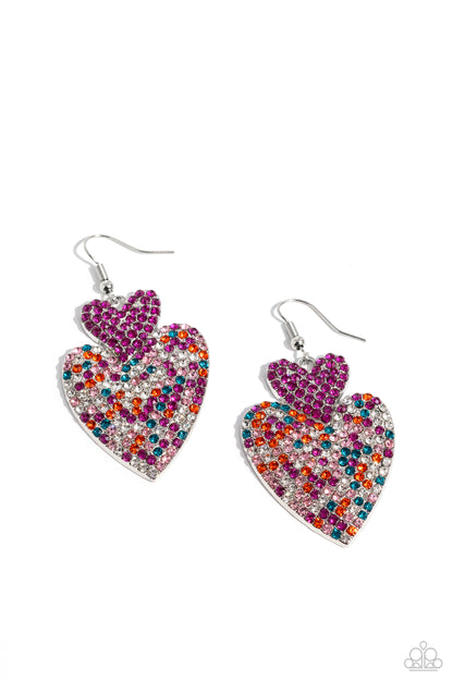 Flirting Flourish - Pink Multicolored Rhinestone Heart Fishhook Earrings - Paparazzi Accessories