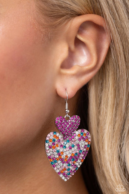Flirting Flourish - Pink Multicolored Rhinestone Heart Fishhook Earrings - Paparazzi Accessories