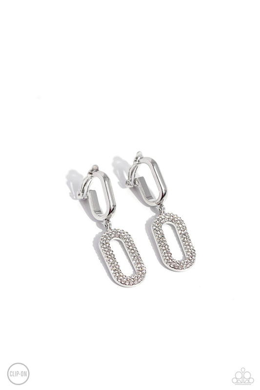 Linked Luxury - White Rhinestone Clip-on Earrings - Paparazzi Accessories