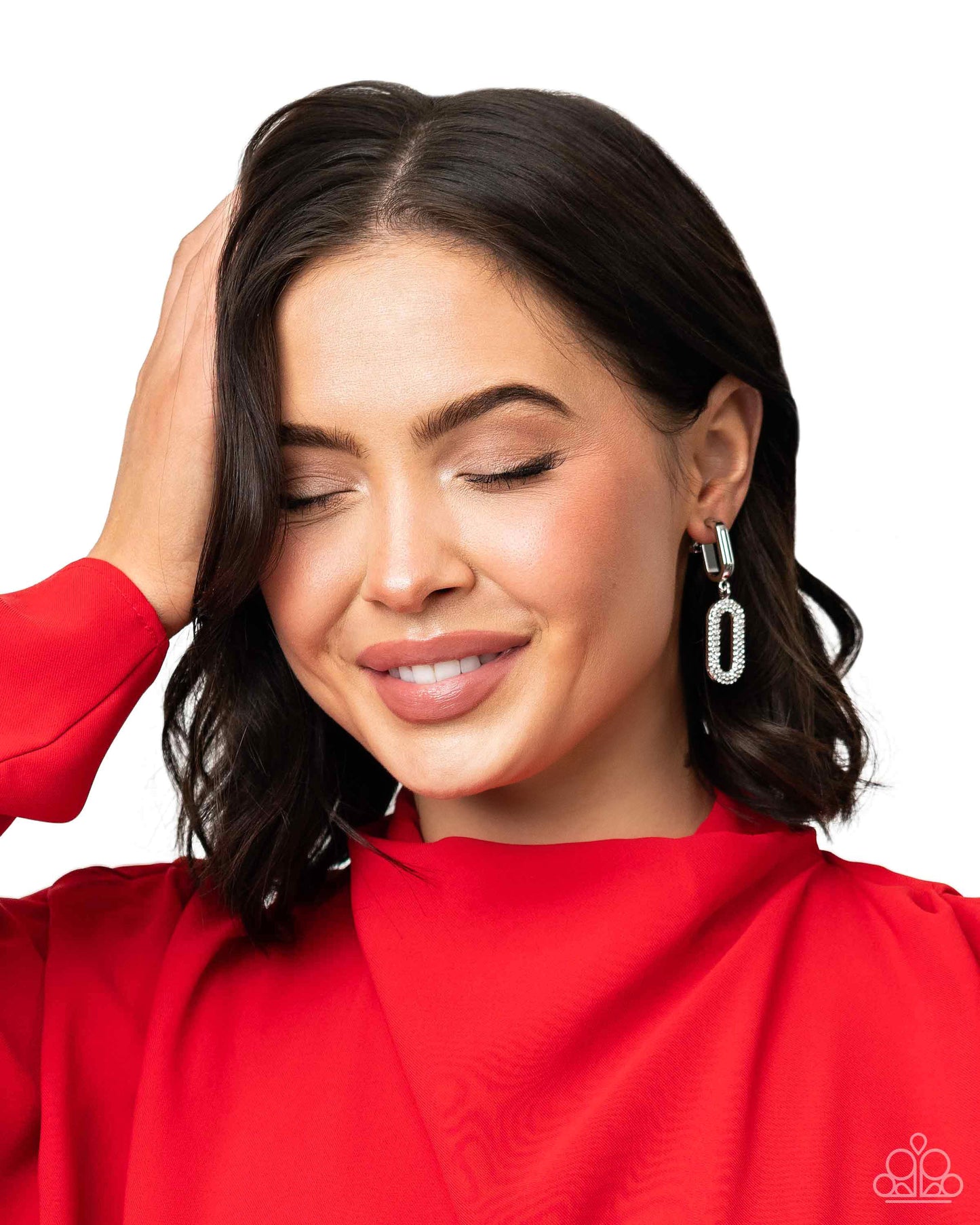 Linked Luxury - White Rhinestone Clip-on Earrings - Paparazzi Accessories