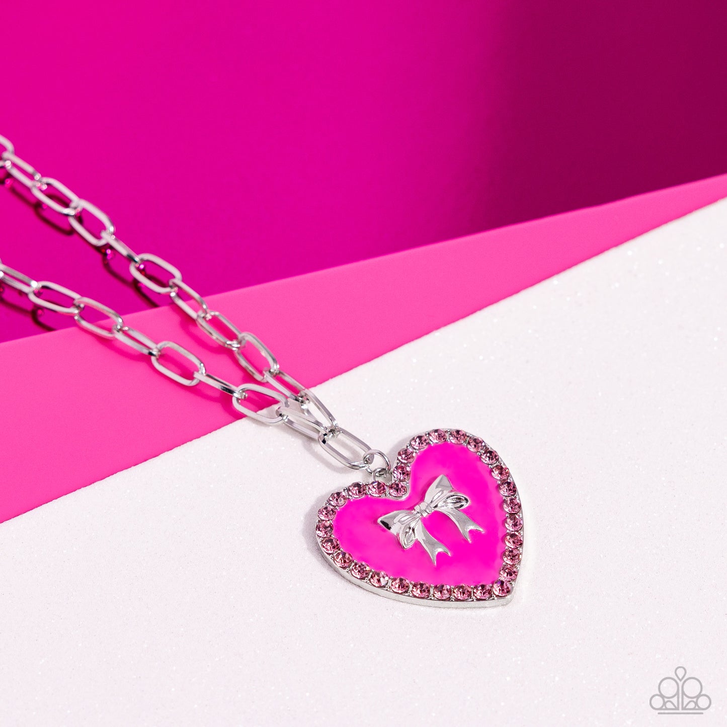 Romantic Gesture - Pink Enamel & Rhinestone Heart Pendant with Silver Bow Necklace - Paparazzi Accessories