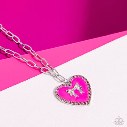 Romantic Gesture - Pink Enamel & Rhinestone Heart Pendant with Silver Bow Necklace - Paparazzi Accessories