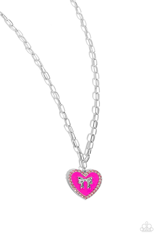 Romantic Gesture - Pink Enamel & Rhinestone Heart Pendant with Silver Bow Necklace - Paparazzi Accessories