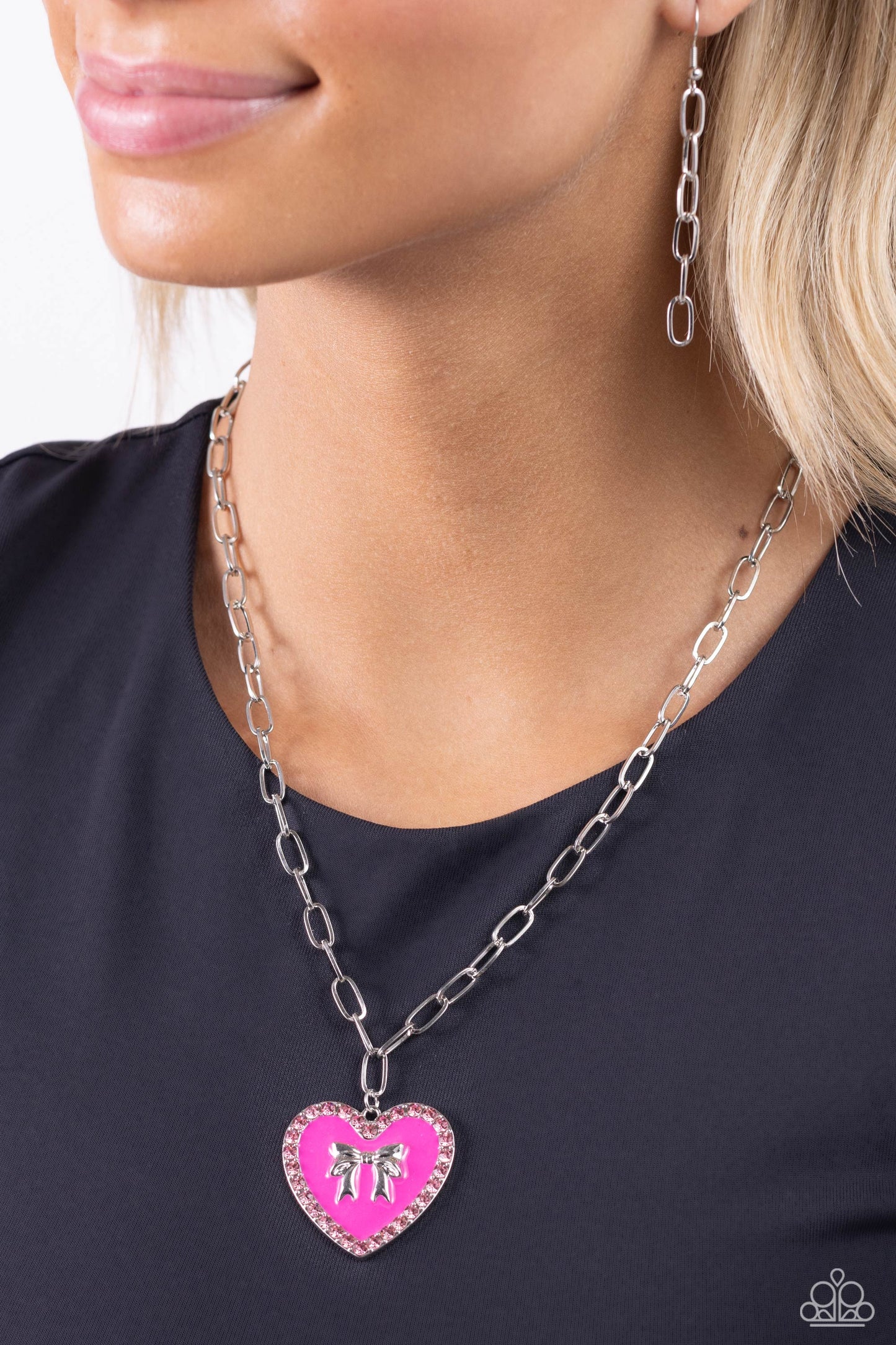 Romantic Gesture - Pink Enamel & Rhinestone Heart Pendant with Silver Bow Necklace - Paparazzi Accessories