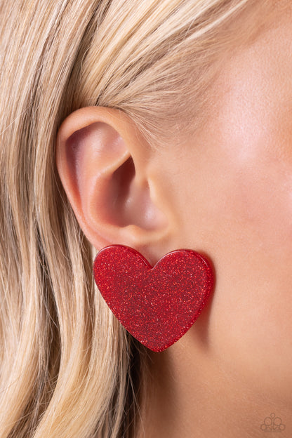 Sparkly Sweethearts - Red Glittery Acrylic Heart Post Earrings
