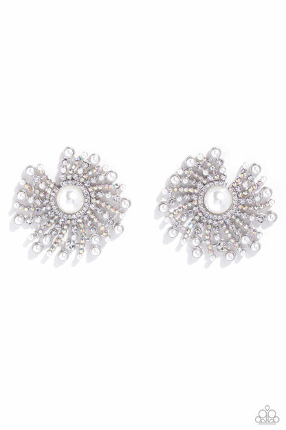 Fancy Fireworks - White - Iridescent Rhinestone Post Earrings - Life of the Party Exclusive - Paparazzi Accessories