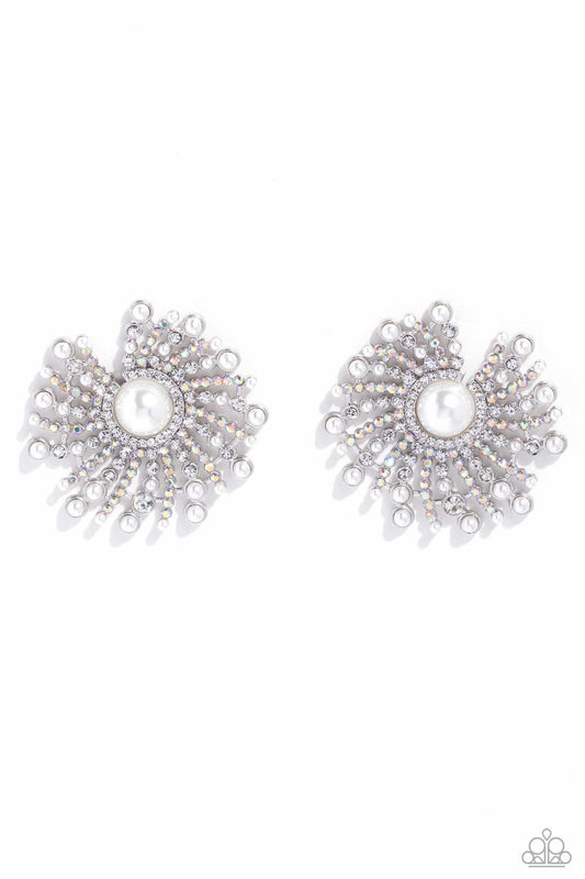 Fancy Fireworks - White - Iridescent Rhinestone Post Earrings - Life of the Party Exclusive - Paparazzi Accessories