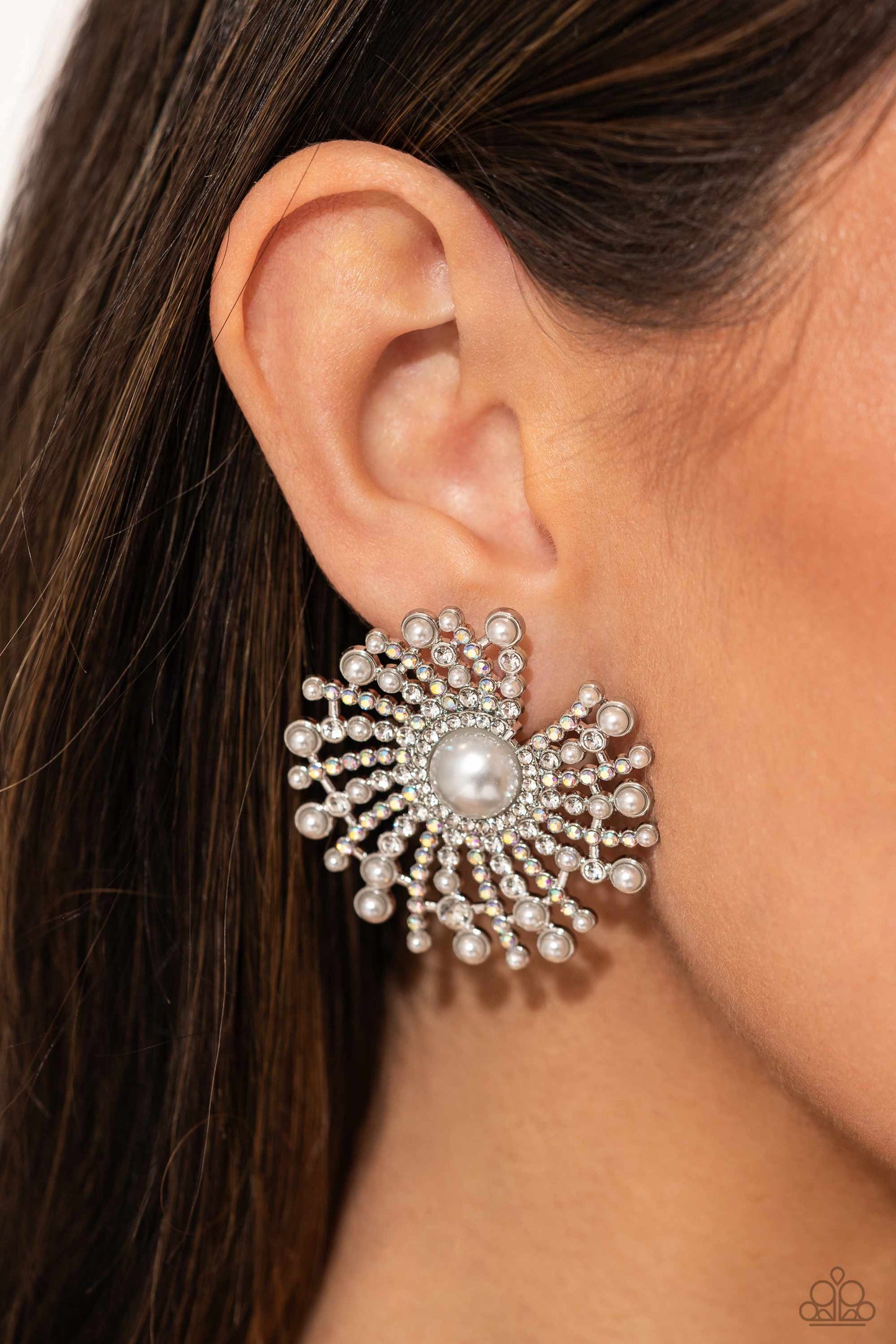 Fancy Fireworks - White - Iridescent Rhinestone Post Earrings - Life of the Party Exclusive - Paparazzi Accessories