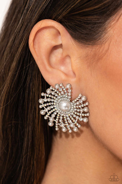 Fancy Fireworks - White - Iridescent Rhinestone Post Earrings - Life of the Party Exclusive - Paparazzi Accessories