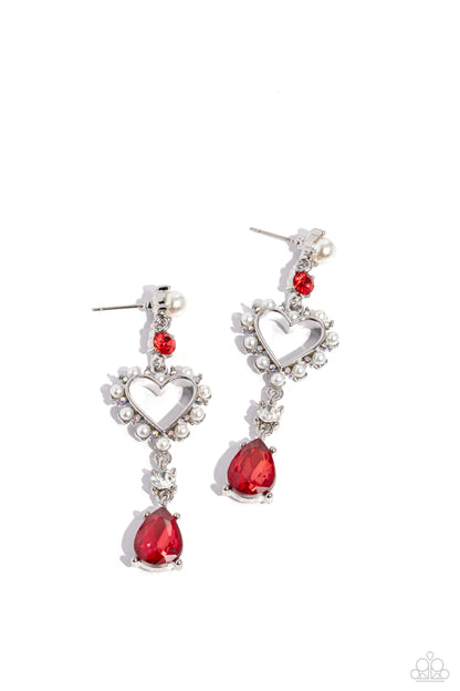 Lovers Lure - Red Rhinestone & Pearl Heart Post Earrings - Paparazzi Accessories