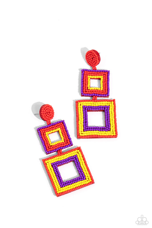 Seize the Squares - Red - Seed Bead Post Earrings - Paparazzi Accessories