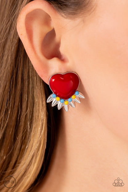 Spring Story - Red Heart Clip On Earrings - Paparazzi Accessories