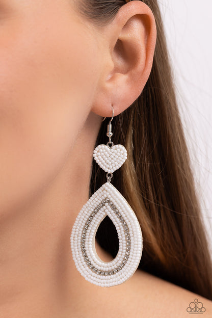 Now SEED Here - White Seed Bead Heart Fishhook Earrings - Paparazzi Accessories