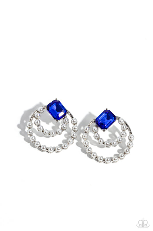 Double Standard - Blue Rhinestone Pearl Post Earrings - Paparazzi Accessories
