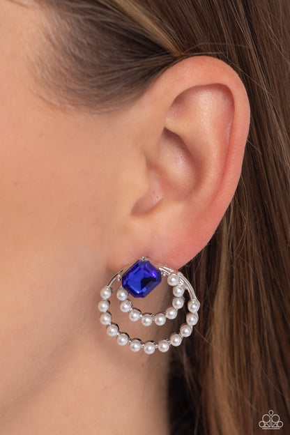 Double Standard - Blue Rhinestone Pearl Post Earrings - Paparazzi Accessories