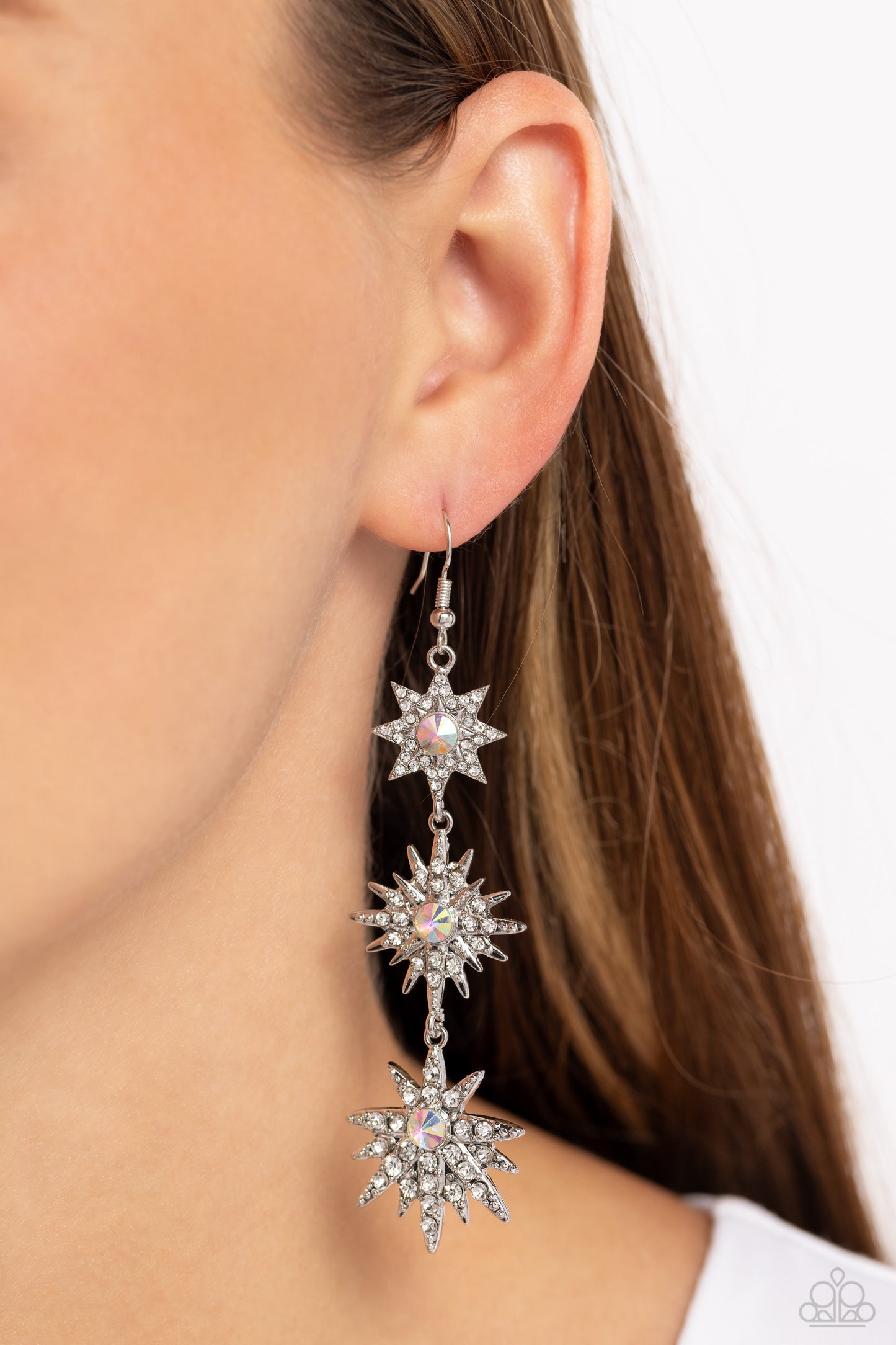 Stellar Series - White Iridescent Rhinestone Earrings - Paparazzi Accessories