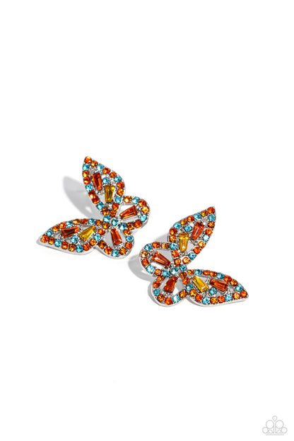 Tilted Takeoff - Orange Butterfly Post Earrings - Paparazzi Accessories