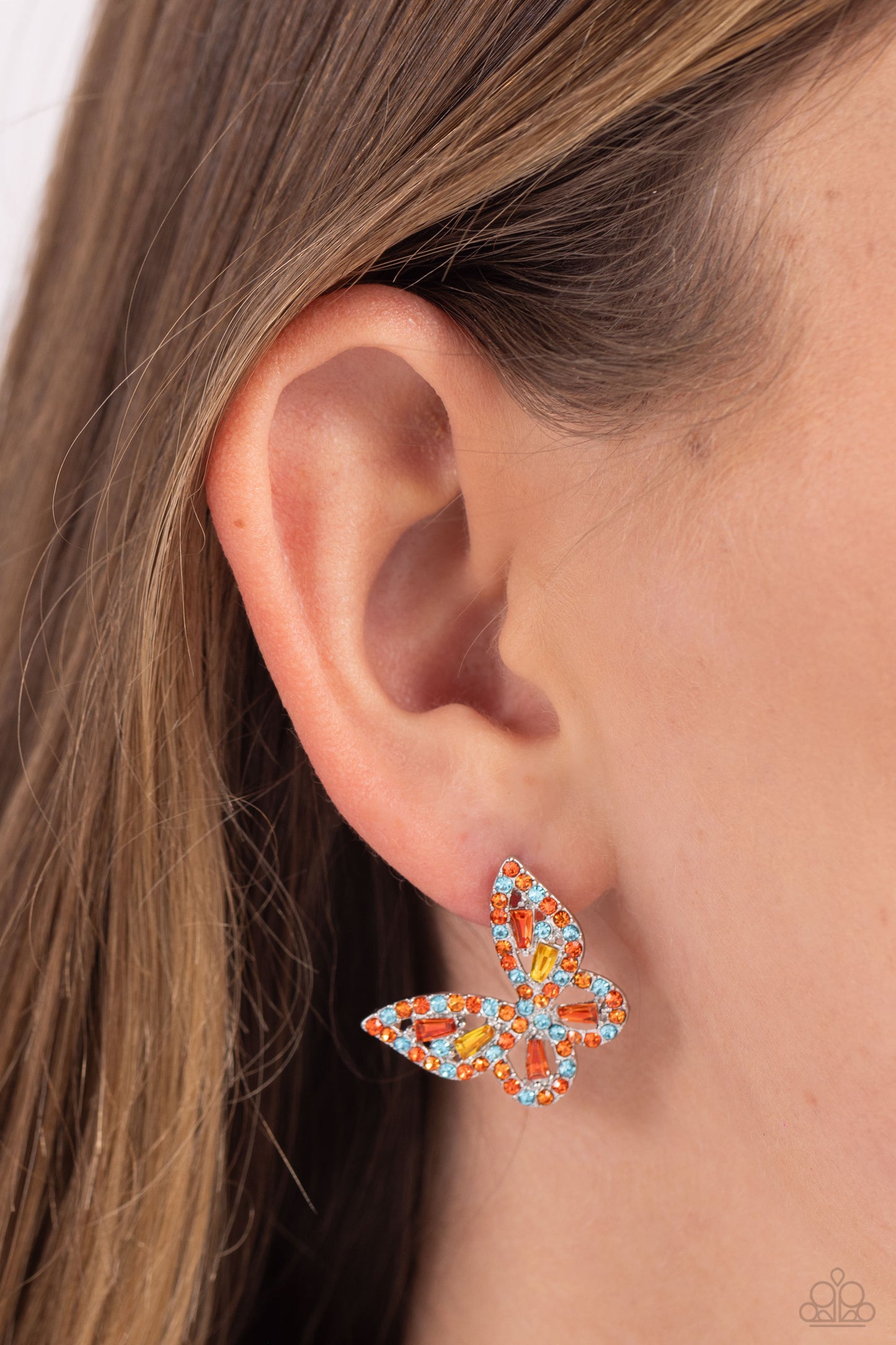 Tilted Takeoff - Orange Butterfly Post Earrings - Paparazzi Accessories