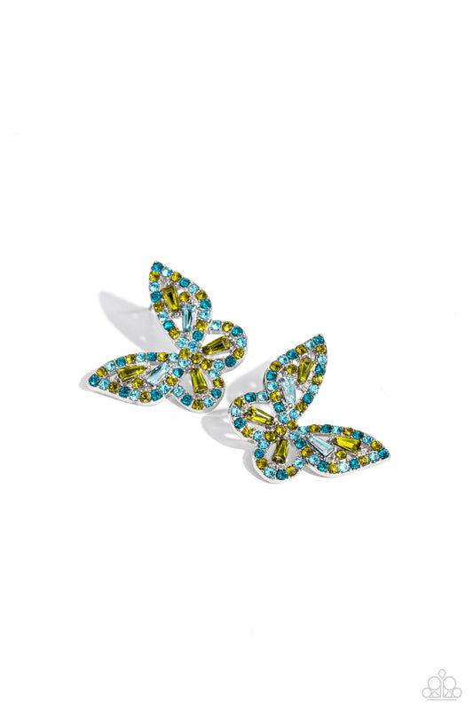 Tilted Takeoff - Green Rhinestone Butterfly Post Earrings - Paparazzi Accessories