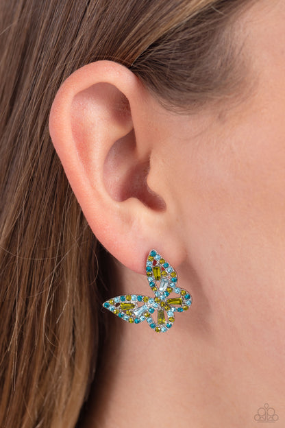 Tilted Takeoff - Green Rhinestone Butterfly Post Earrings - Paparazzi Accessories