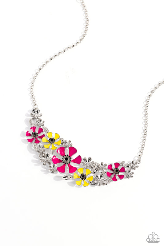Blooming Practice - Pink - Pink and Yellow Enamel Flower Necklace - Paparazzi Accessories