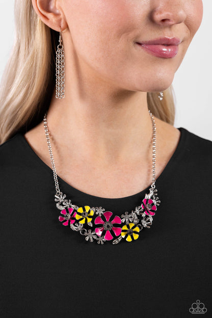Blooming Practice - Pink - Pink and Yellow Enamel Flower Necklace - Paparazzi Accessories