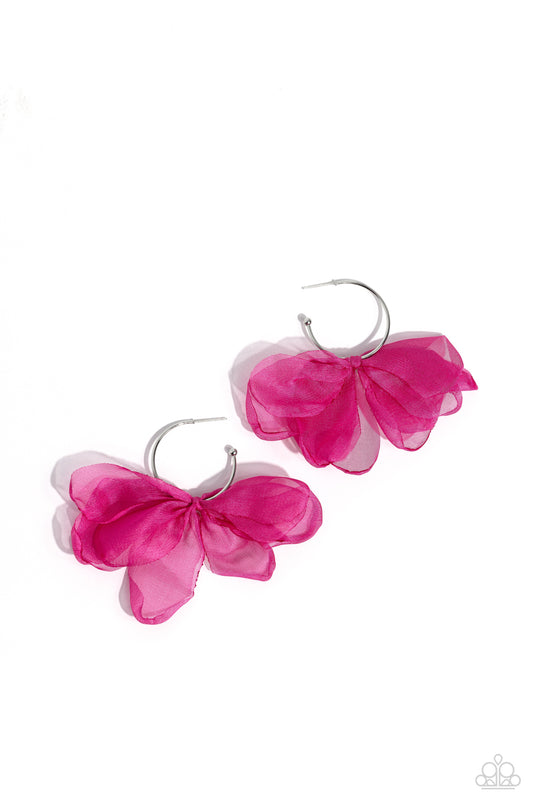 Chiffon Class - Pink - Silver Hoop Earrings - Paparazzi Accessories