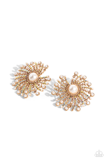 Fancy Fireworks - Gold - Pearl & Iridescent Rhinestone Post - Earrings - Paparazzi Accessories