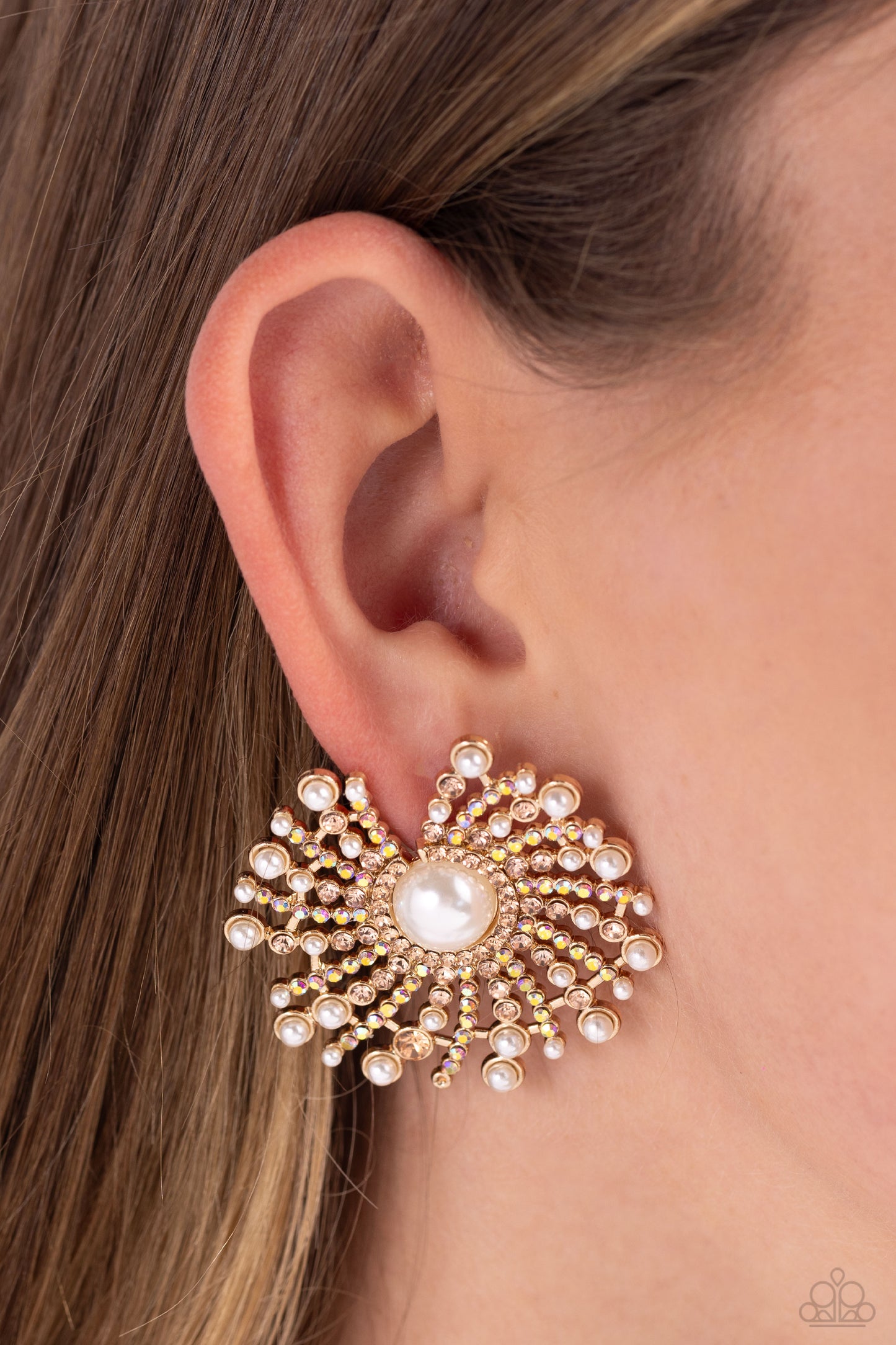 Fancy Fireworks - Gold - Pearl & Iridescent Rhinestone Post - Earrings - Paparazzi Accessories