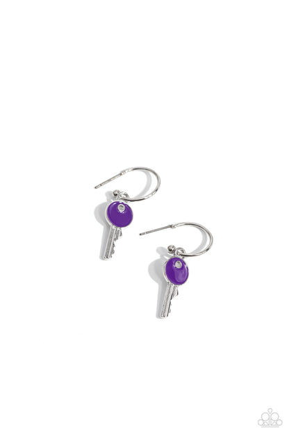 Key Performance - Purple Drop Hoop Earrings - Paparazzi Accessories
