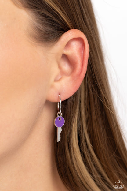 Key Performance - Purple Drop Hoop Earrings - Paparazzi Accessories