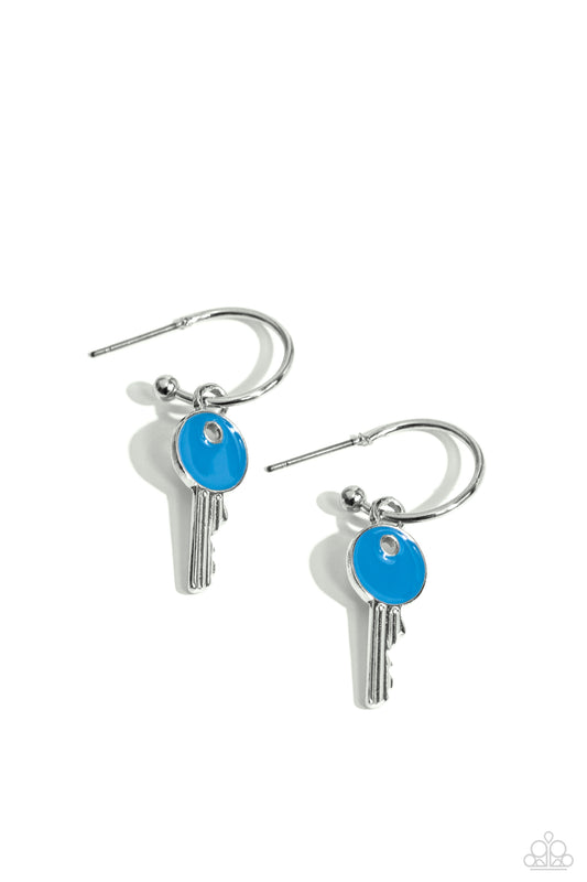 Key Performance - Blue Enamel Mini Drop Hoop Earrings - Paparazzi Accessories