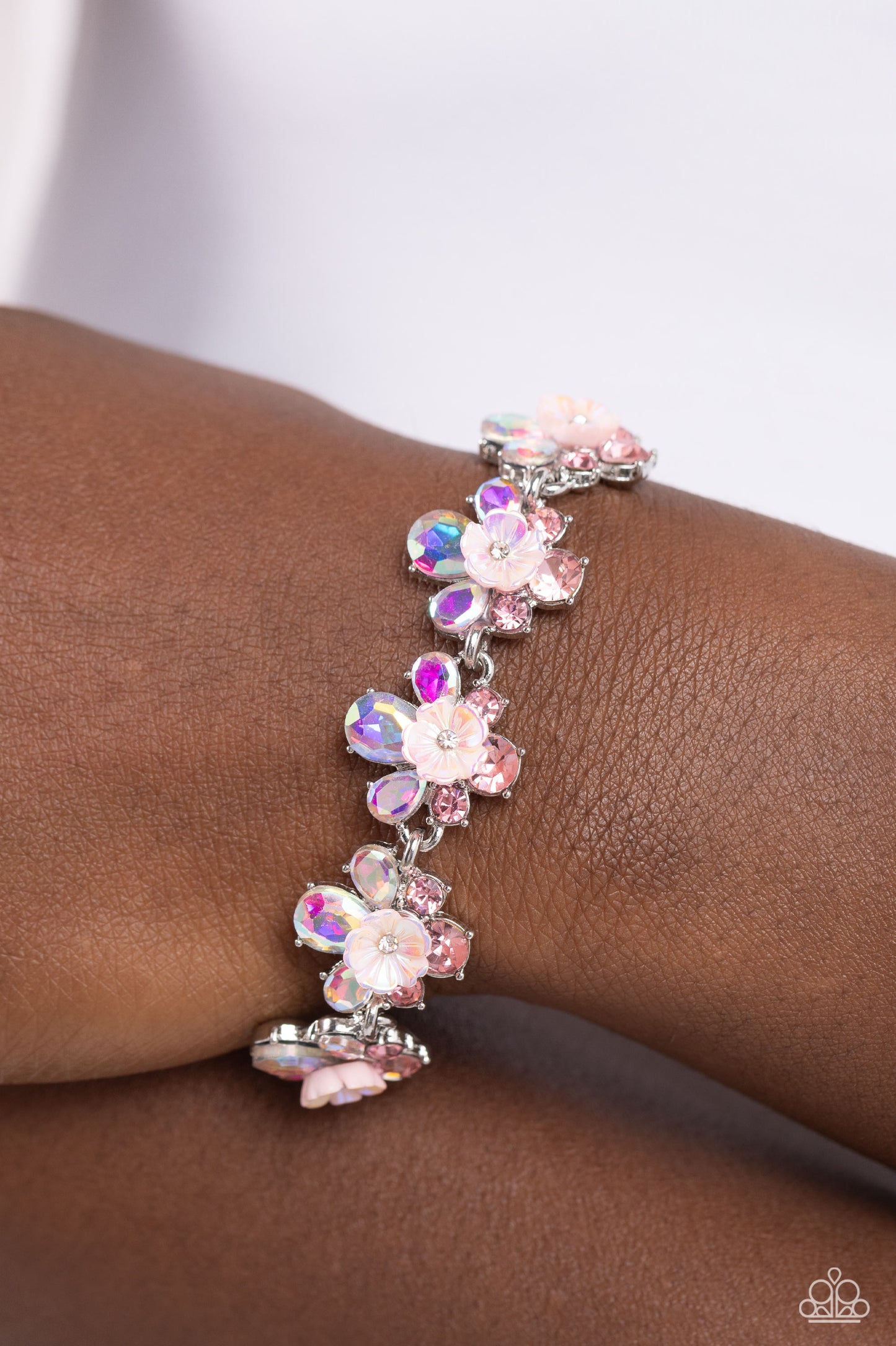 Floral Frenzy - Pink Iridescent Flower Clasp Bracelet - Paparazzi Accessories