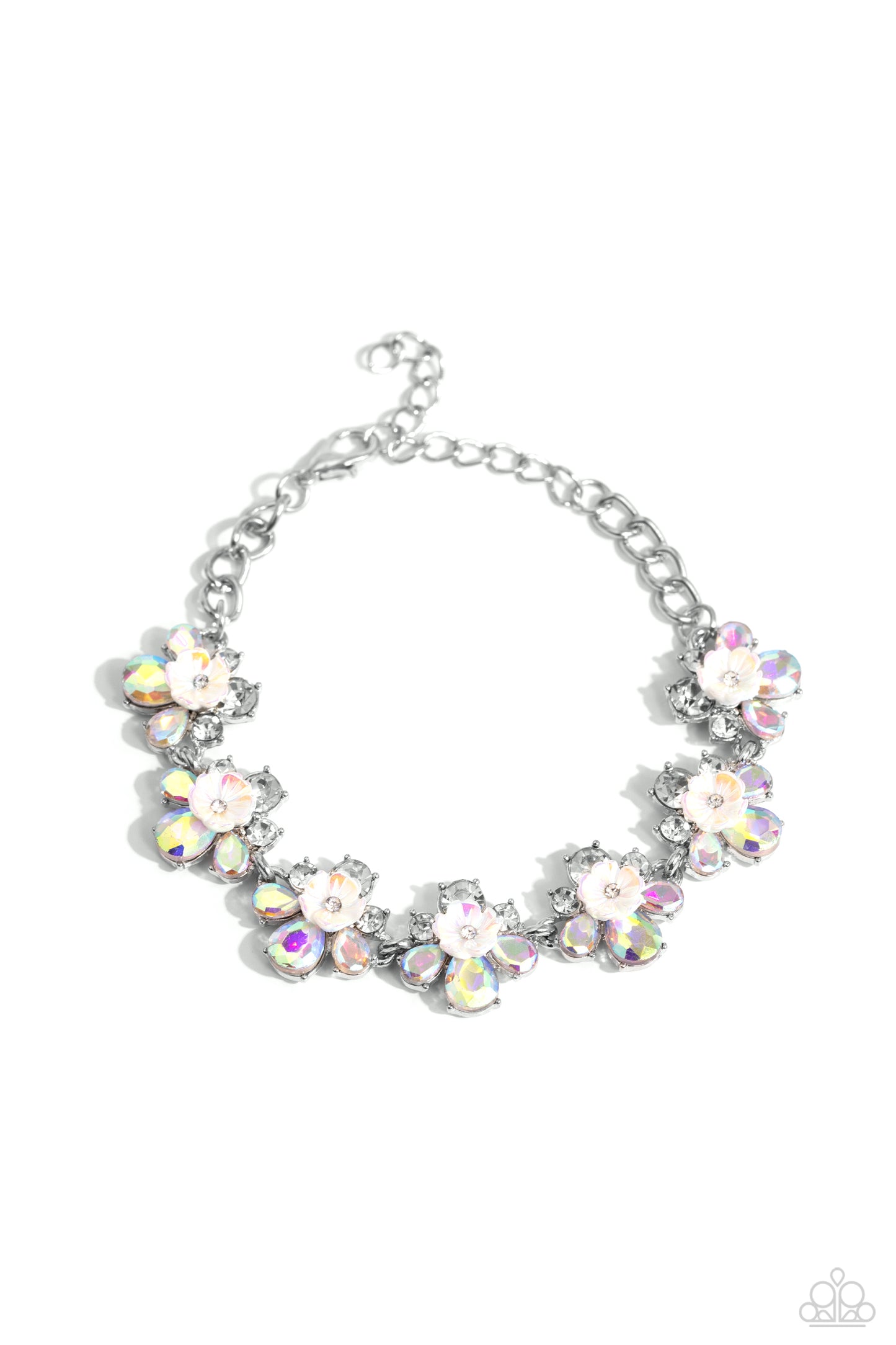 Floral Frenzy - White - Iridescent Flower Clasp Bracelet - Paparazzi Accessories