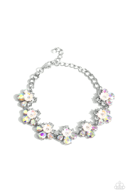 Floral Frenzy - White - Iridescent Flower Clasp Bracelet - Paparazzi Accessories