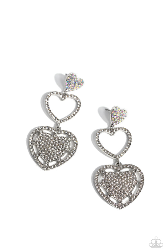 Couples Celebration - White Rhinestone Hearts Post Earrings - Paparazzi Accessories