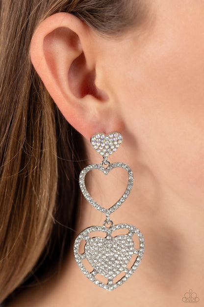 Couples Celebration - White Rhinestone Hearts Post Earrings - Paparazzi Accessories